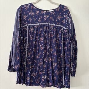 J Jill Top XL Blue Floral Lace Embellished Button Keyhole Back 3/4 Sleeve